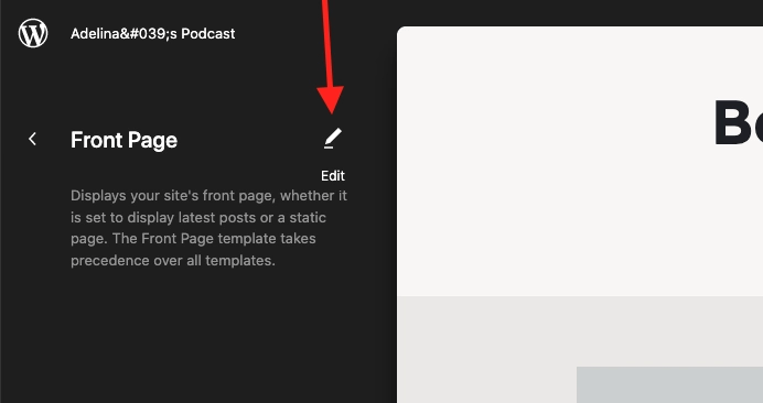 Step 2c - Click on Edit to begin editing the Front Page template