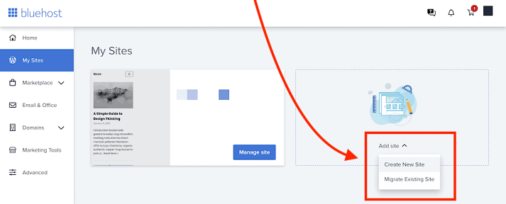 Create a new WordPress site using the Bluehost dashboard