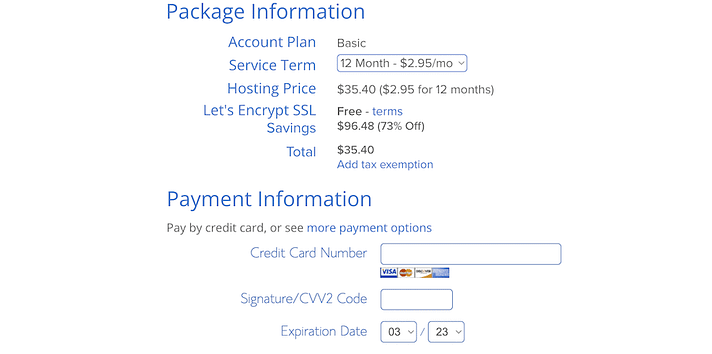 Choosing a package during the Bluehost signup process.