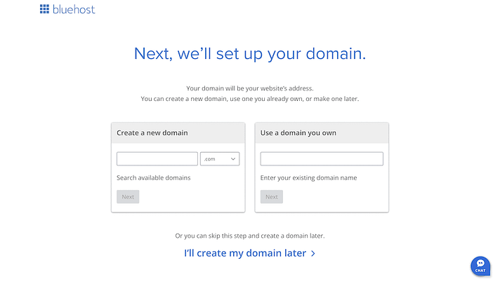 Choosing a domain within Bluehost.