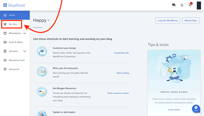 BlueHost Dashboard | My Sites