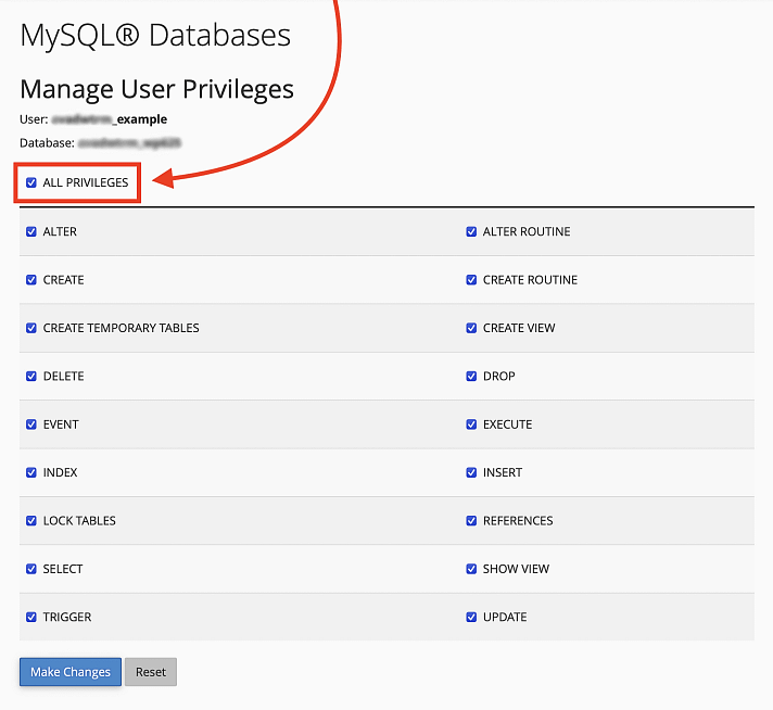 Giving all priviliges to new MySQL user in cPanel.