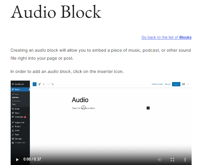 Screenshot of the Audio Block information page from WordPress.org.