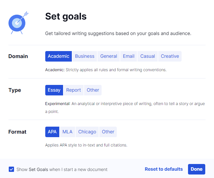 GrammarlyGO Academic goals: Type (with options of essay, report, and other) and Format (which allows you to choose a citation format).