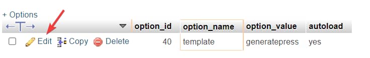 editing option value in phpmyadmin