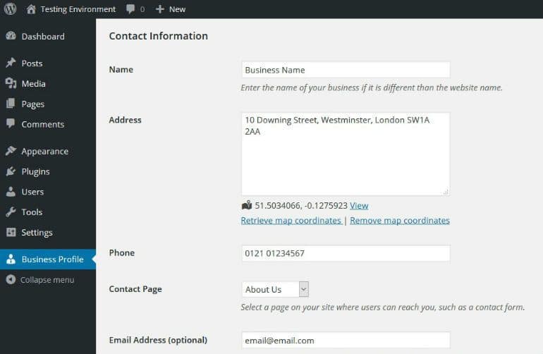 Business Profile Contact Information