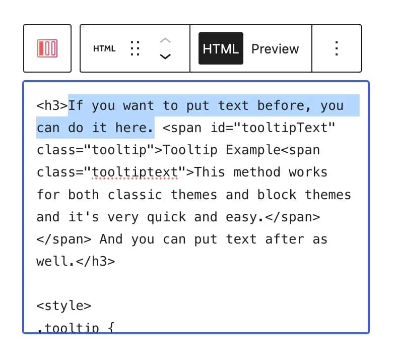 Adding text before a tooltip on the back end.