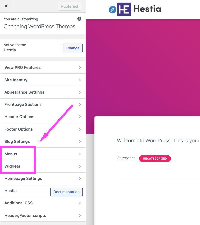 Image of Hestia Customiser sidebar - menus and widgets section