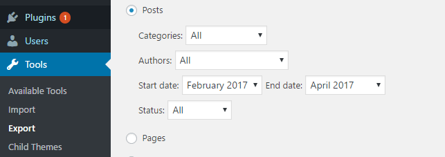 Choosing a range of posts to export.