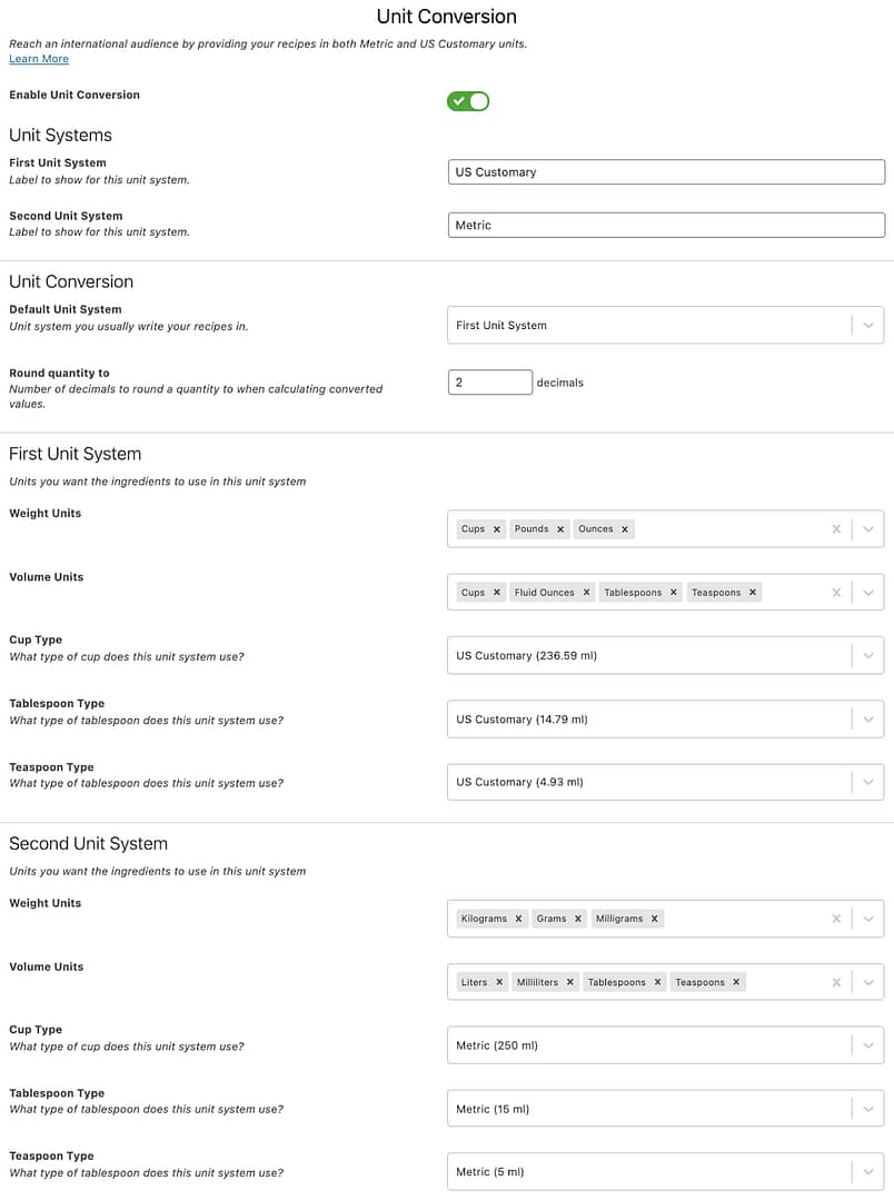 Setting up unit conversions using the WP Recipe Maker plugin.