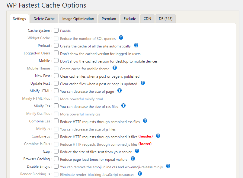 Comparing options between WP Optimize vs WP Fastest Cache.