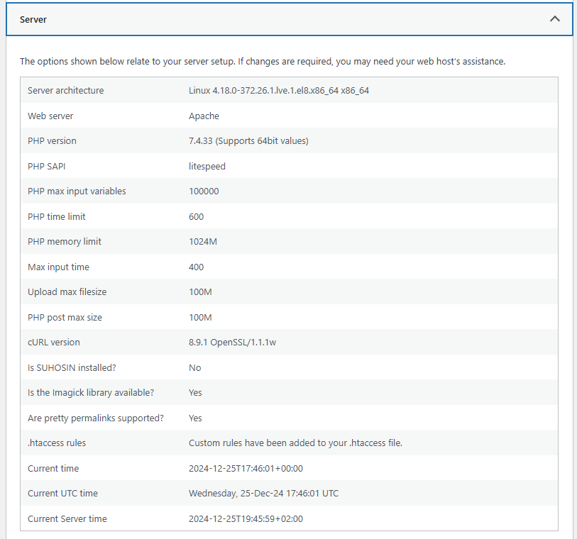 The Server tab of the WordPress Site Health