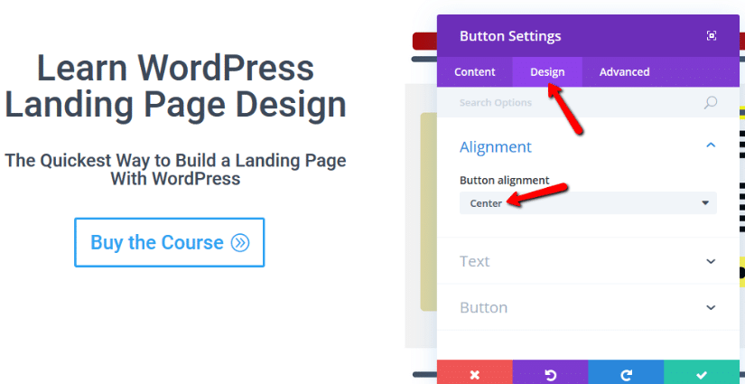 change alignment divi button