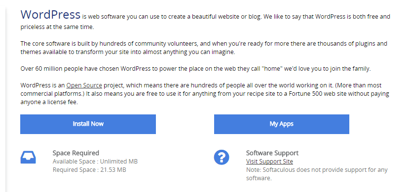 The WordPress installation option under Softaculous.