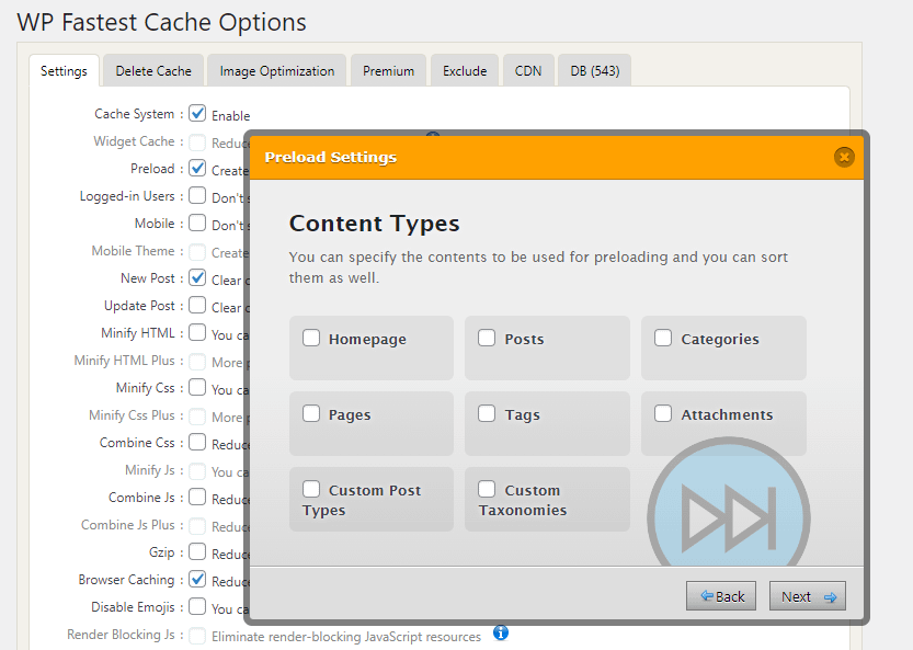 WP Fastest Cache advanced options.