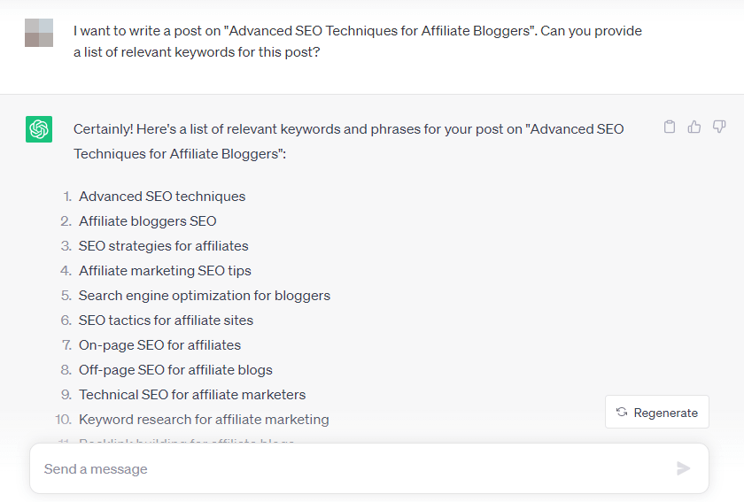 Generating keywords with ChatGPT.