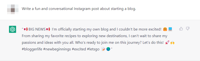An Instagram post generated by ChatGPT