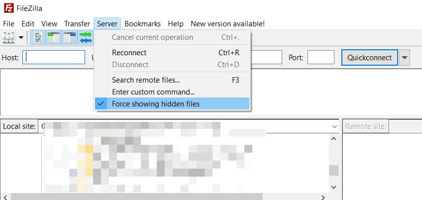 FileZilla show hidden folders