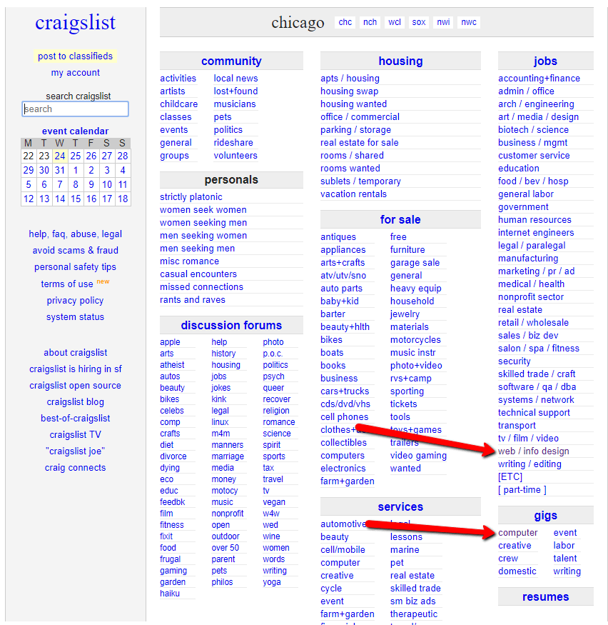 choose gigs or jobs on craigslist.