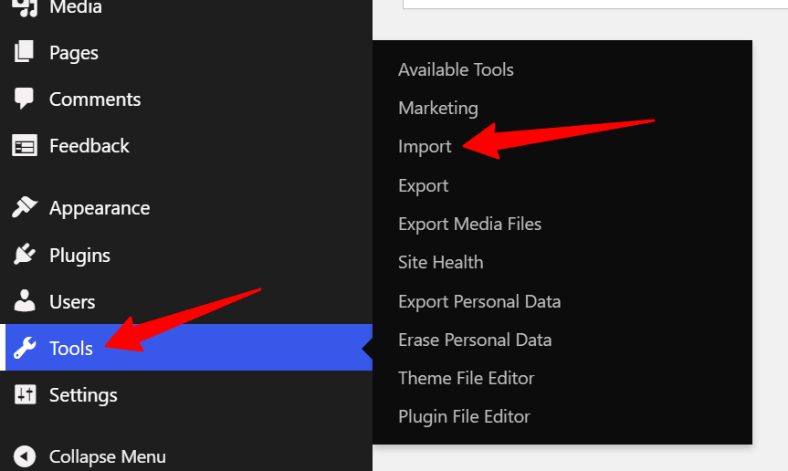 WordPress Tools > Import screen listing available importers