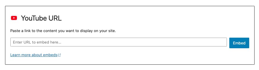 The YouTube embed block in the WordPress block editor