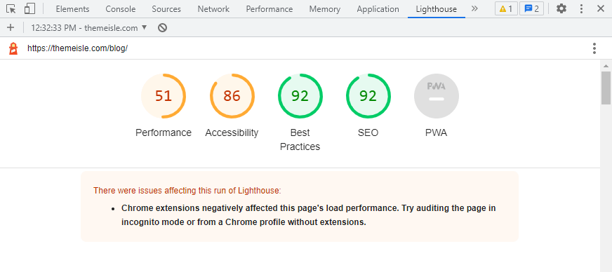 Lighthouse report in different areas