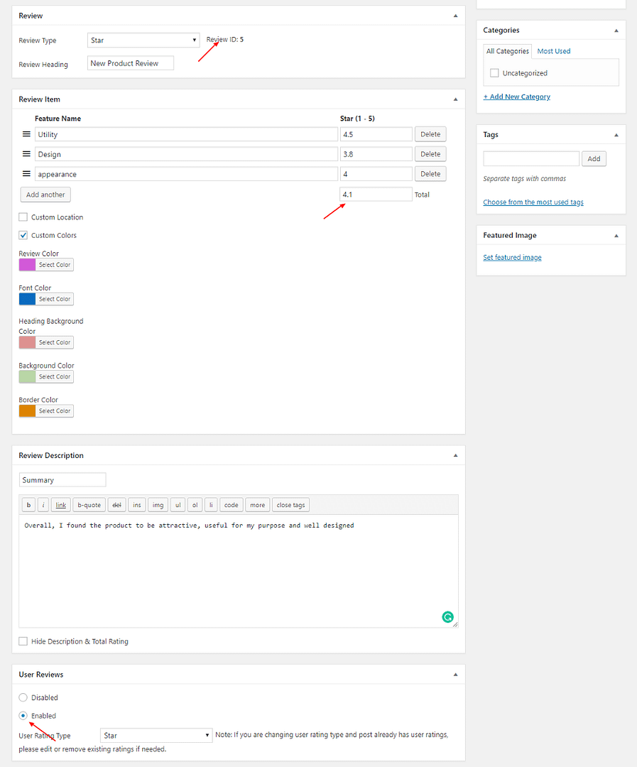 WP Review Post Settings