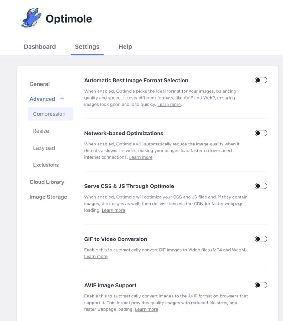 Optimole WordPress settings 