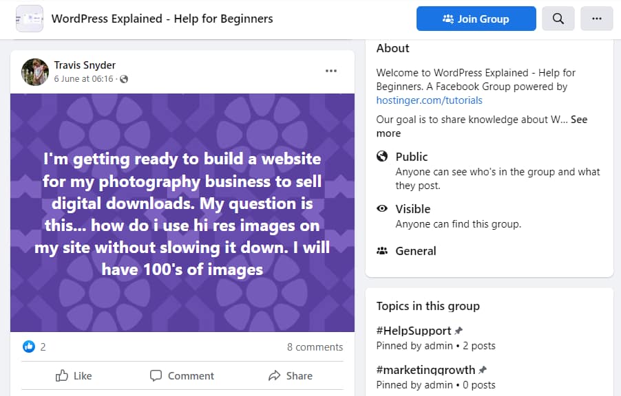 A user's post in the WordPress Explained group