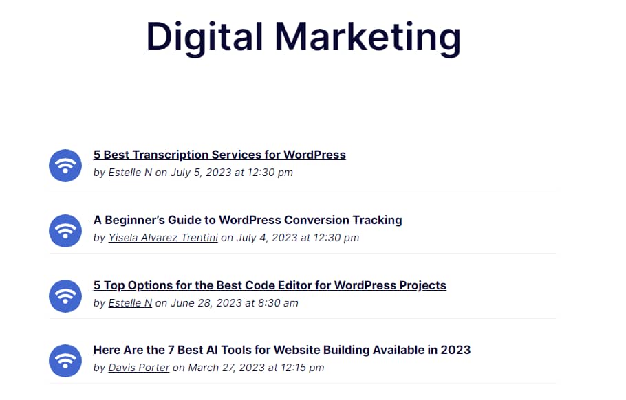 The WordPress category RSS feed on the front end.
