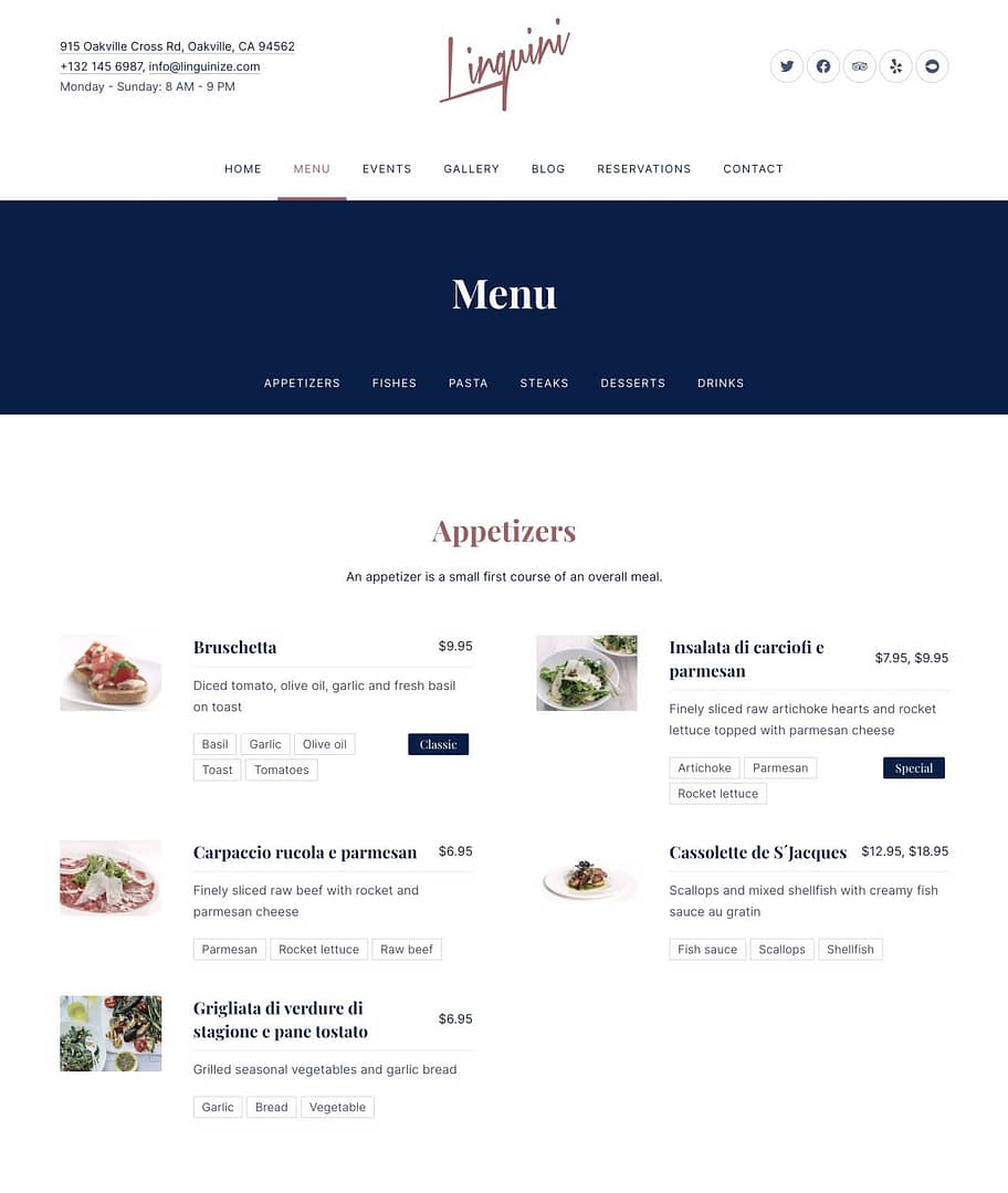 an example of a menu online