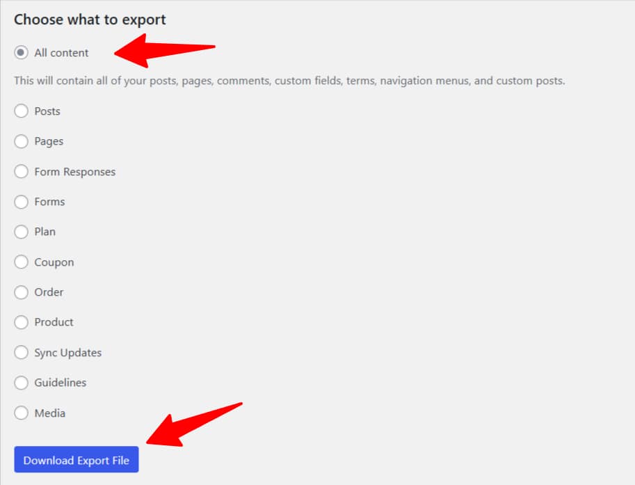WordPress.com export settings with All content selected and Download Export File button