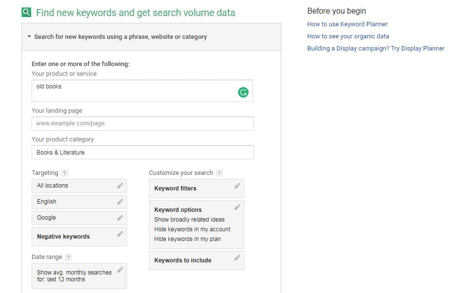 Google Keyword Planner start page.