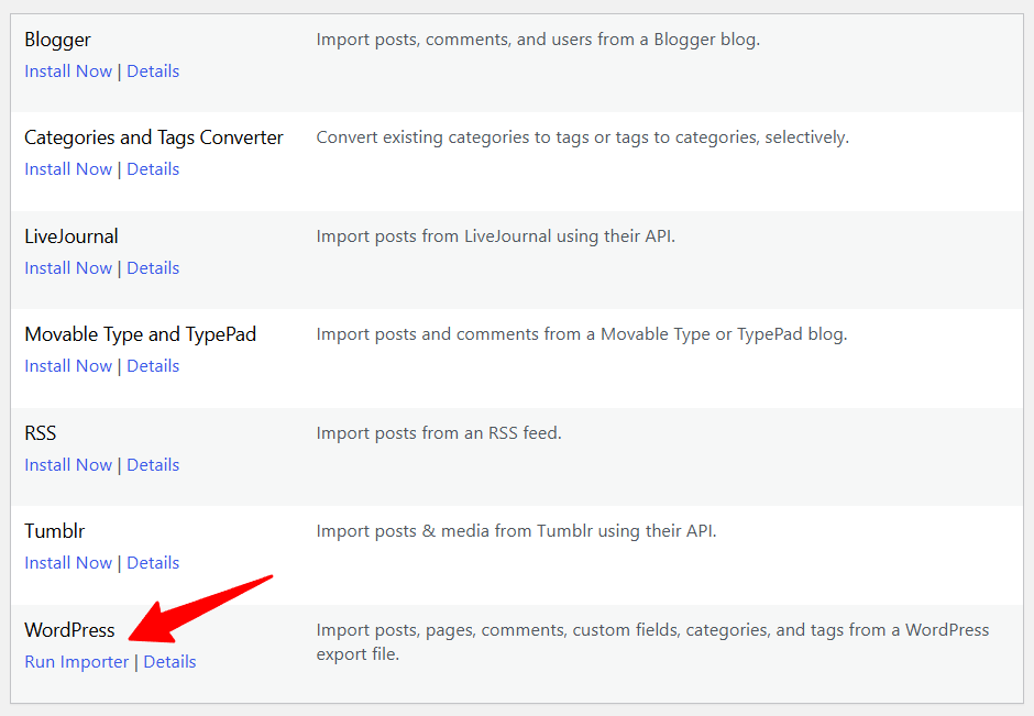 Tools > Import showing Run Importer after installing WordPress Importer