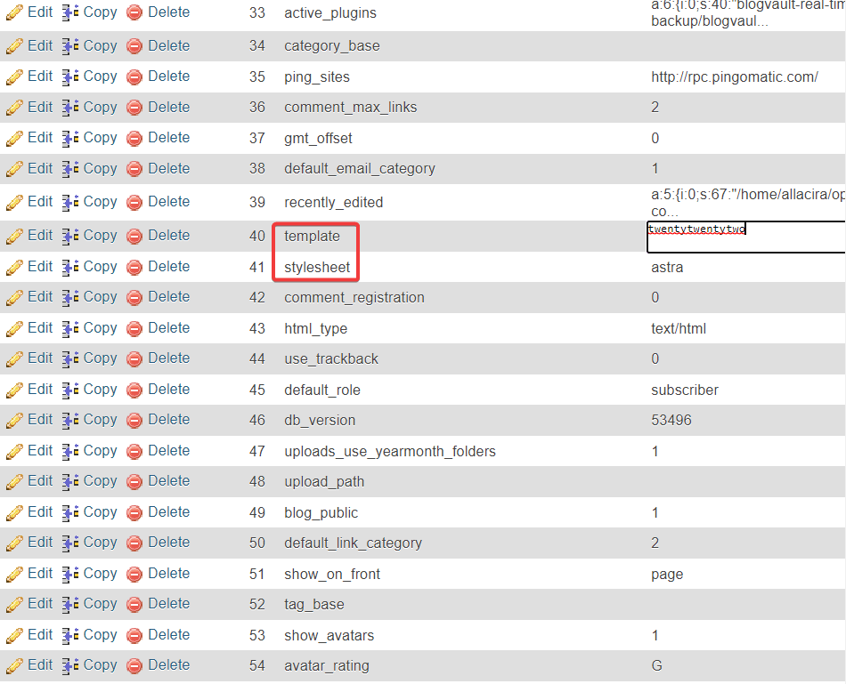 changing theme in phpmyadmin database