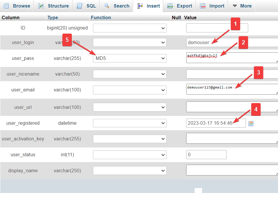 adding user in phpmyadmin database