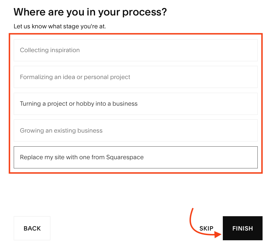 Squarespace asks question to help find people who are moving an existing website to Squarespace