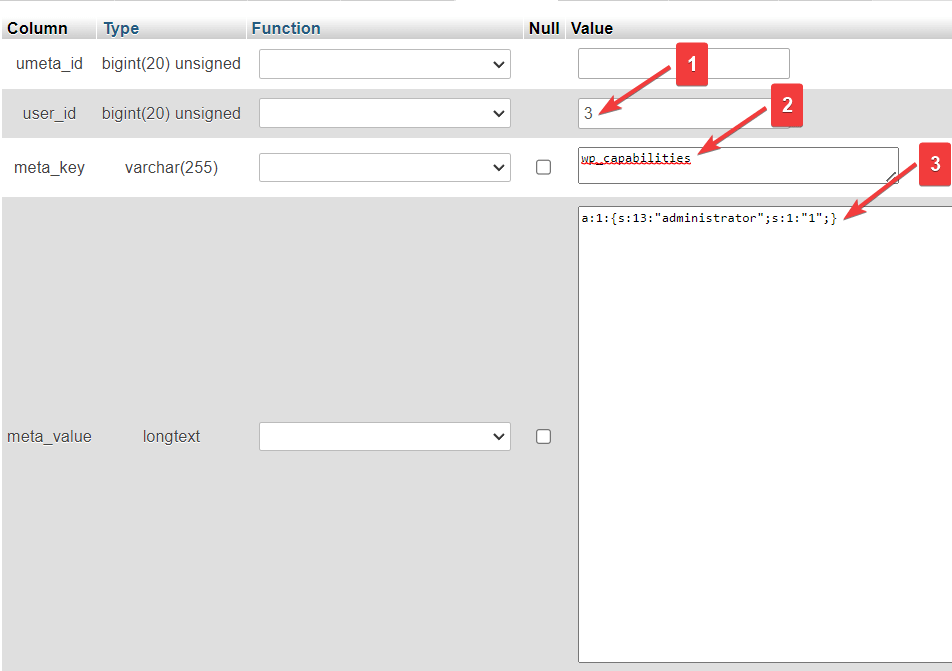 editing user meta description in phpmyadmin