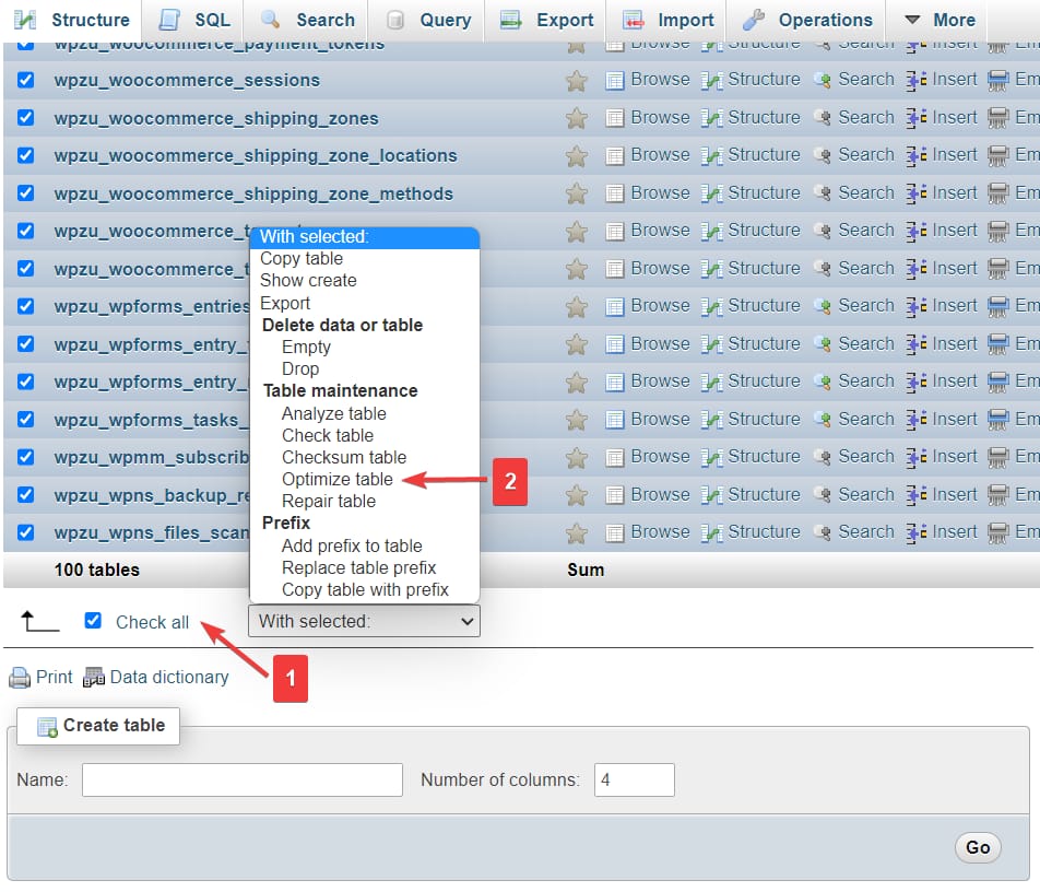 optimizing table in wordpress phpmyadmin