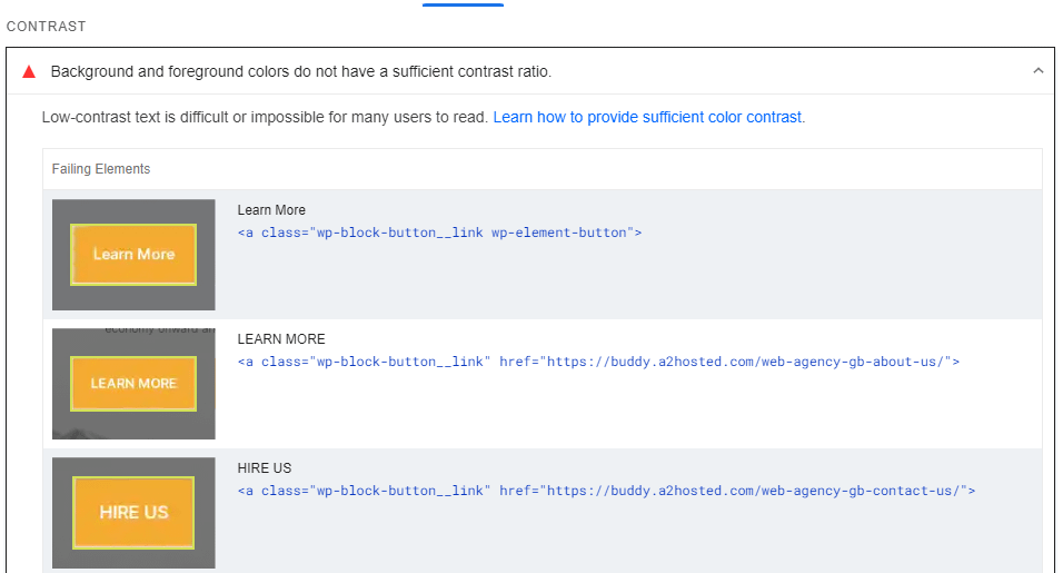 The background and foreground colors do not have a sufficient contrast ratio message in PageSpeed Insights.