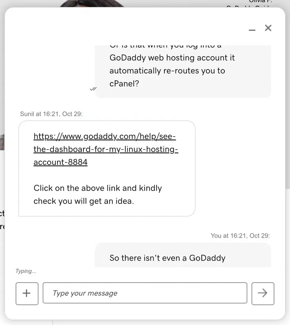 Conversation with GoDaddy customer support.