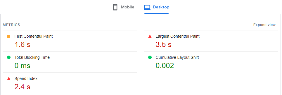 Core Web Vitals results before installing the caching plugins.