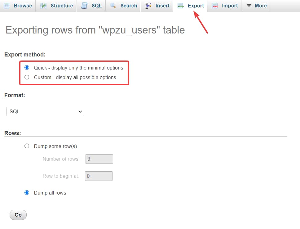 quick custom export options in wordpress database