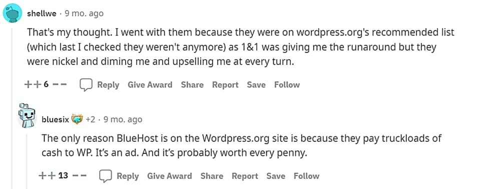Bluehost opinion from Reddit