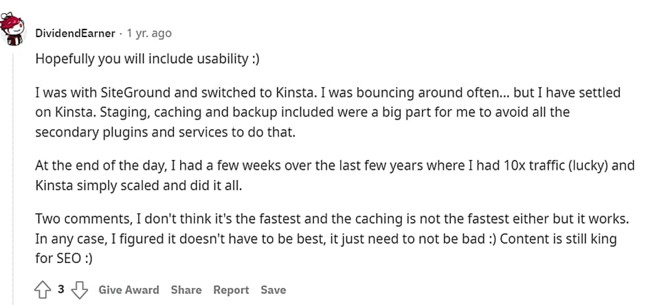 Reddit opinion about Kinsta