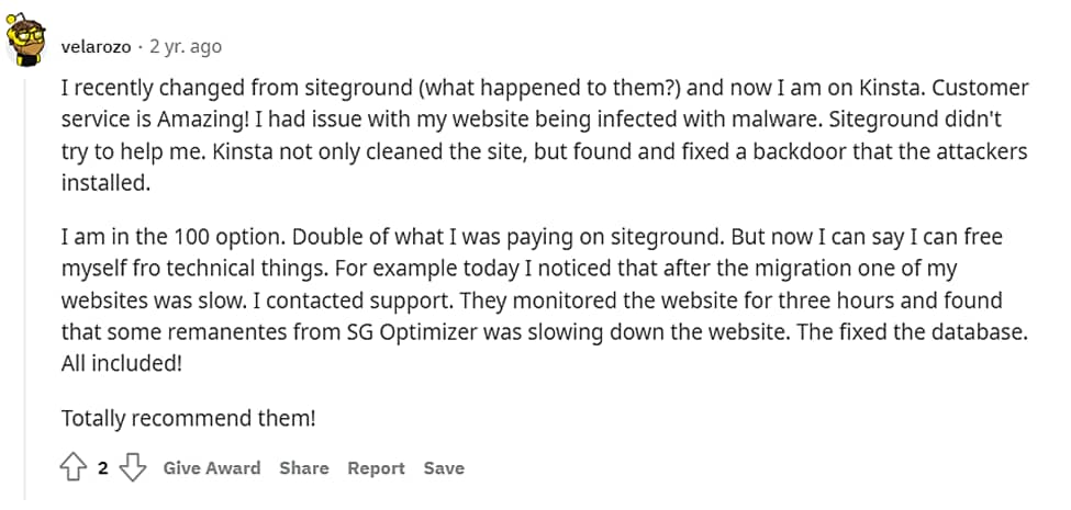 Reddit opinion about Kinsta