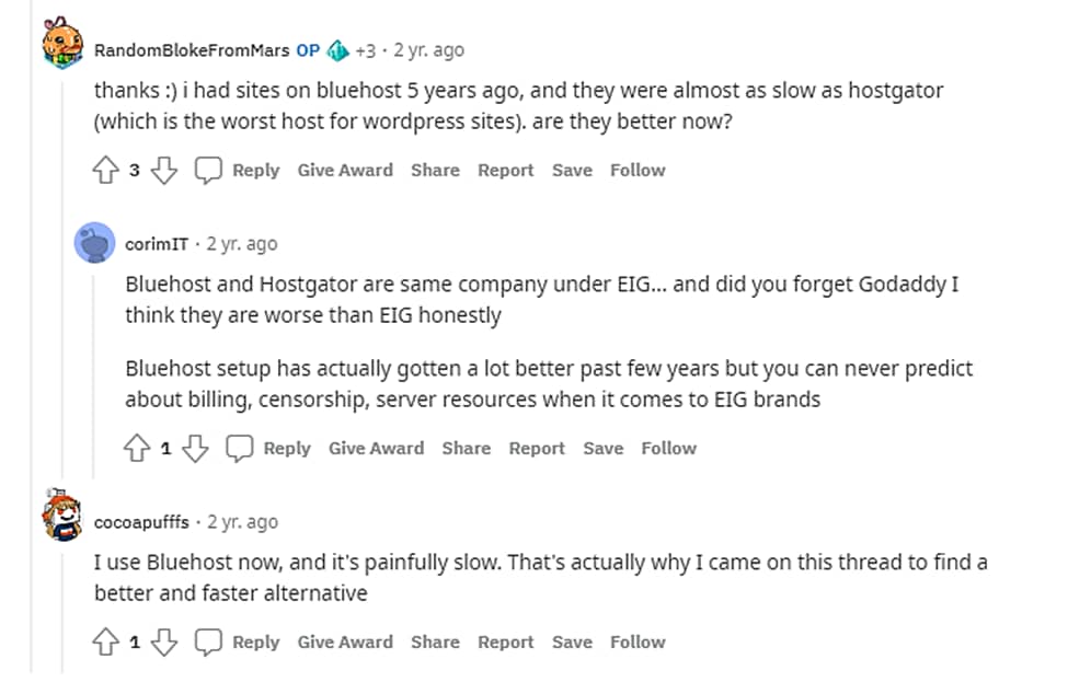 Bluehost opinion from Reddit