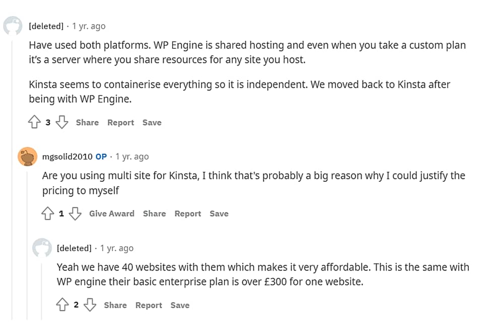 Reddit opinion about Kinsta