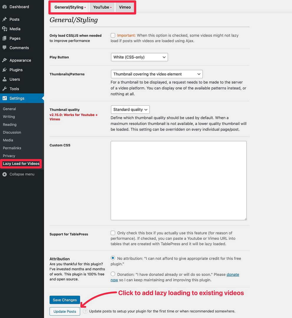 How to configure Lazy Load for Videos plugin.