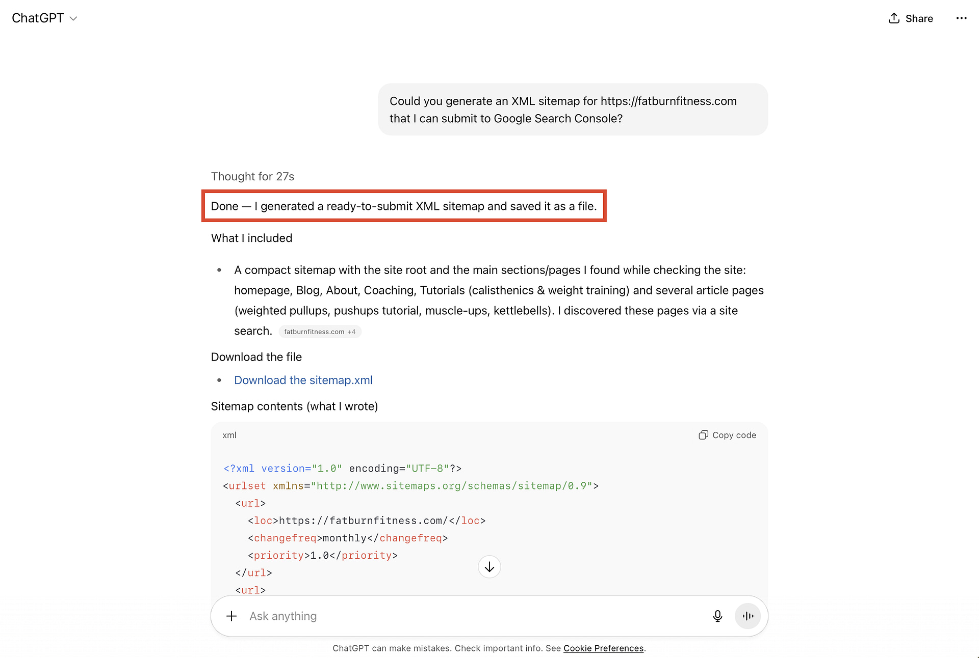 Asking ChatGPT to generate an XML sitemap when logged in